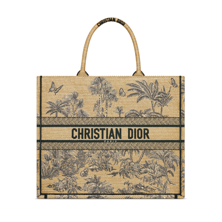 Dioriviera Large Dior Book Tote Beige Toile de Jouy Palms Embroidered Raffia 42 x 35 x 18.5 cm