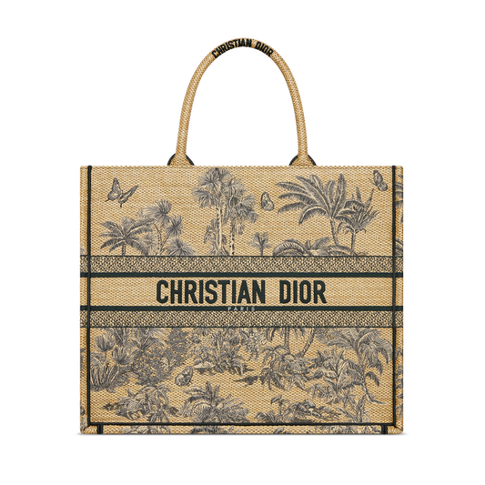 Dioriviera Large Dior Book Tote Beige Toile de Jouy Palms Embroidered Raffia 42 x 35 x 18.5 cm
