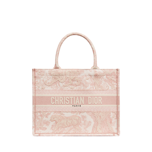 Medium Dior Book Tote Ecru and Pink Toile de Jouy Embroidery 36 x 27.5 x 16.5 cm