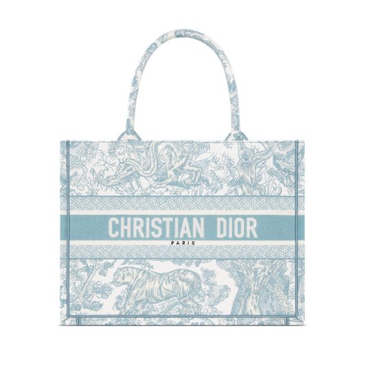 Medium Dior Book Tote White and Celestial Blue Toile de Jouy Sauvage Embroidery 36 x 27.5 x 16.5 cm